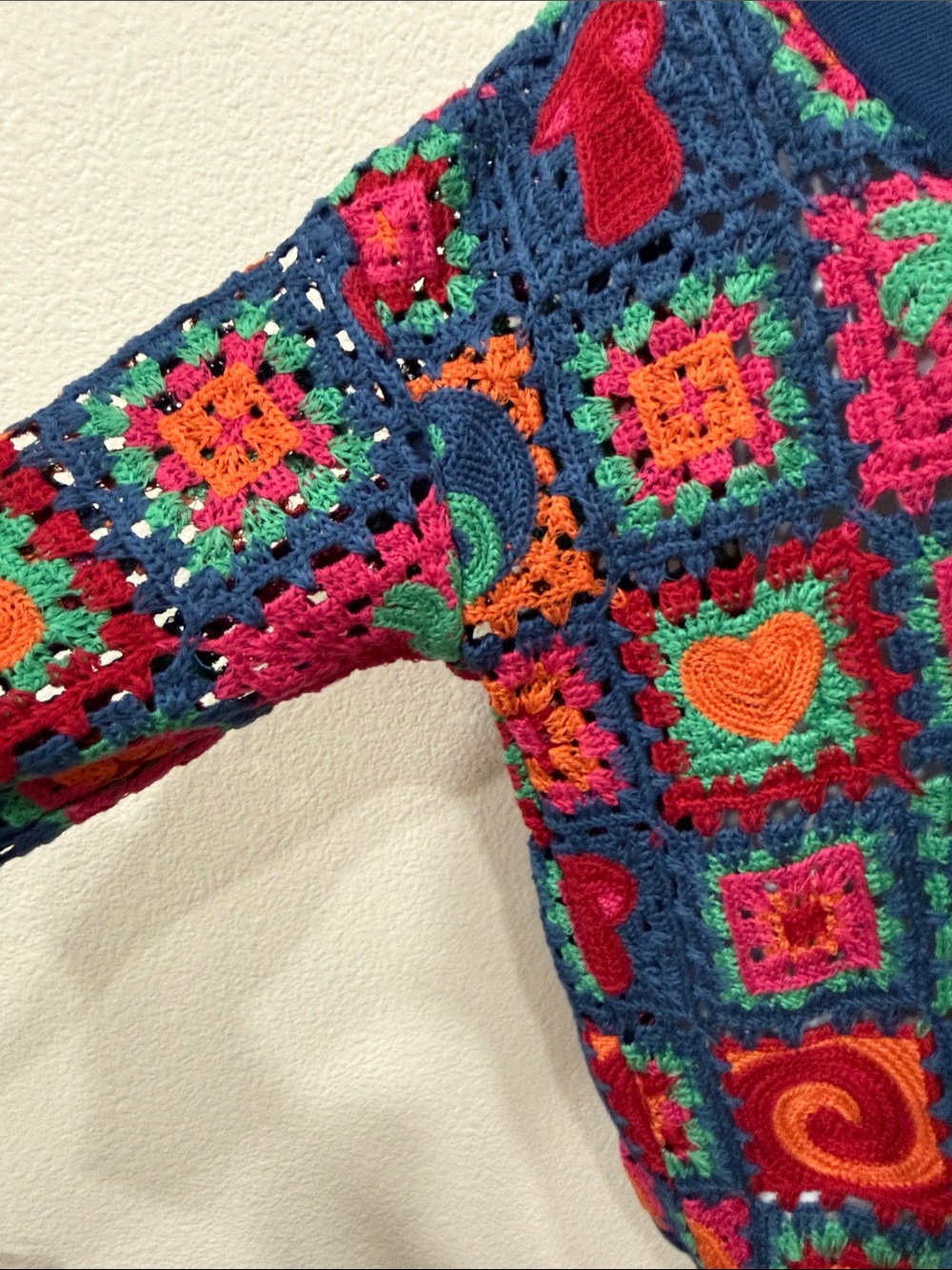 FARM Rio Multicolor Crochet Cardigan with Navy Trim - Picture 3 of 8